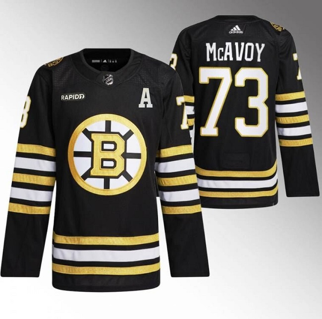 Men's Boston Bruins #73 Charlie McAvoy Black With Rapid7 Patch 100th Anniversary Stitched Jersey